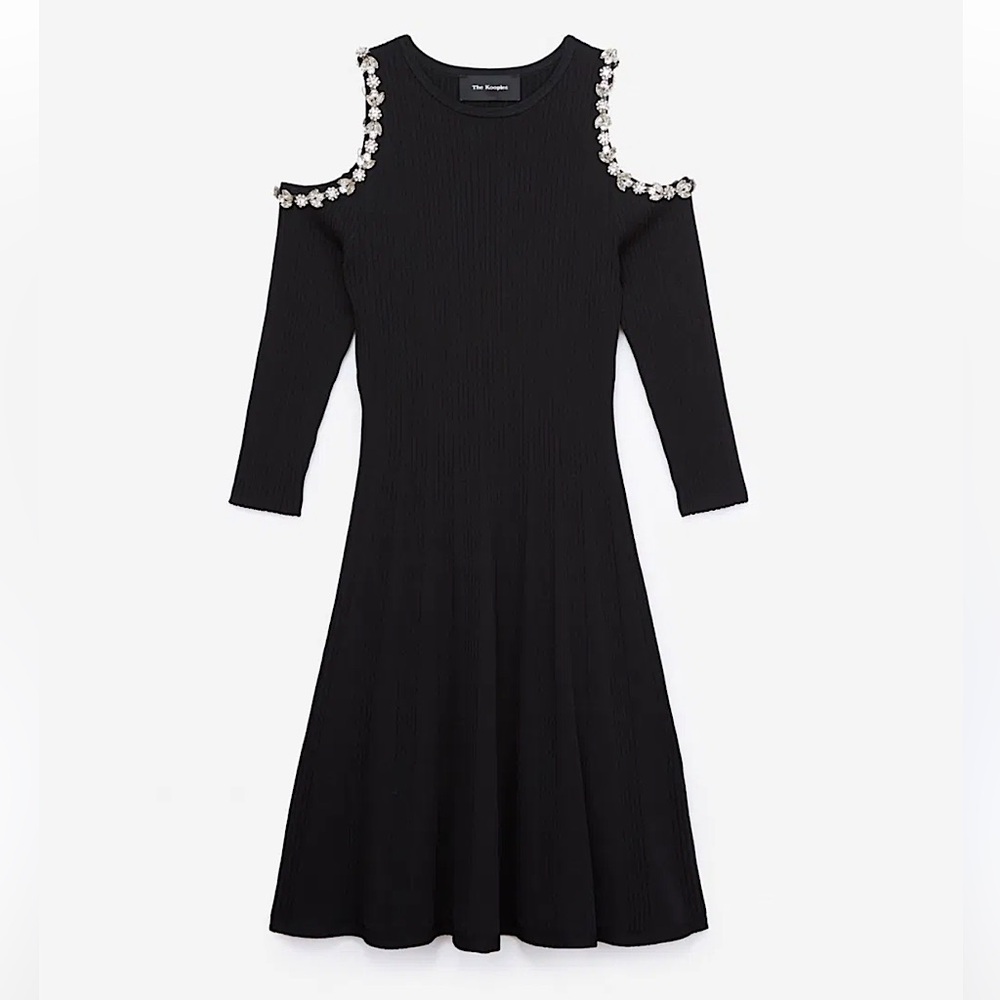Kooples Knit Ribbed Fit & Flare Embellished Sweater Dress